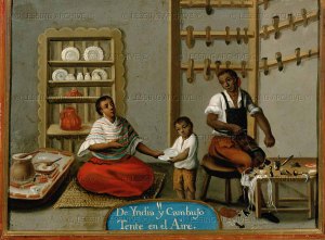 Mixed-race family--child, potter and shoemaker--in 18th century Mexico.